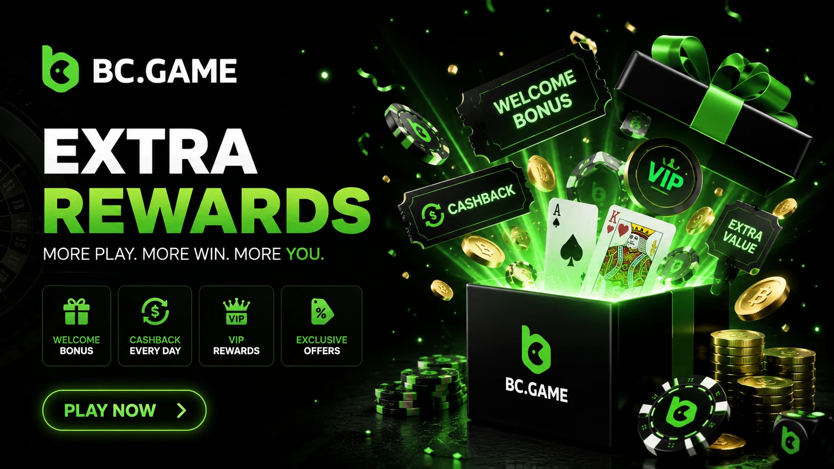 Bonos y recompensas extra de BC Game Mexico con cashback, premios VIP y fichas de casino en estilo negro y verde