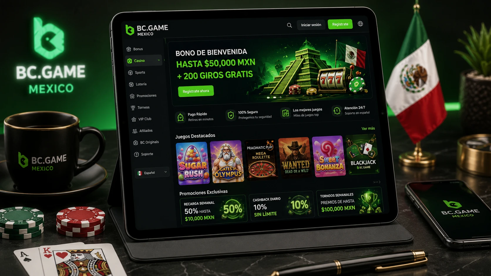 Tablet mostrando el sitio web de BC Game Mexico en una escena negra y verde con bandera de México